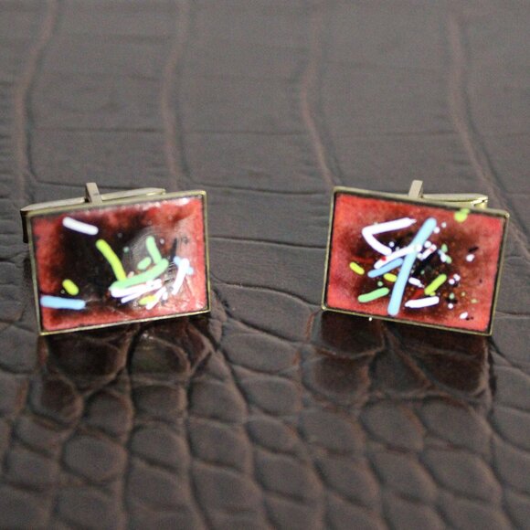 Vintage 1960s Abstract Enamel Artisan Copper Cuff Links Made In Quebec - Picture 1 of 9